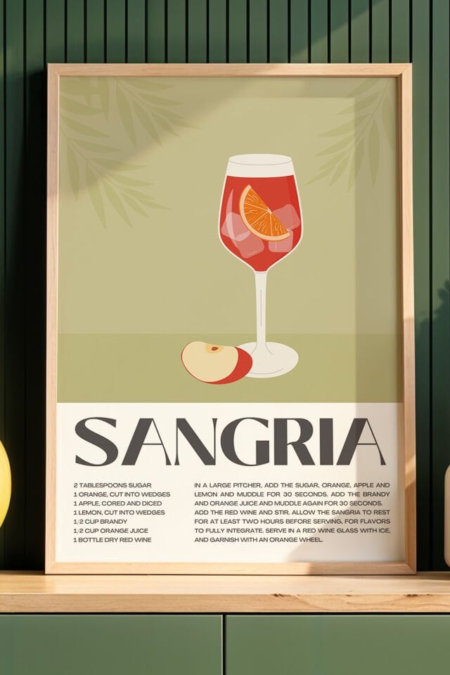 DOĞAL AHŞAP - Minimalist Sangria Kokteyl Mutfak Ahşap Çerçeveli Duvar Tablosu