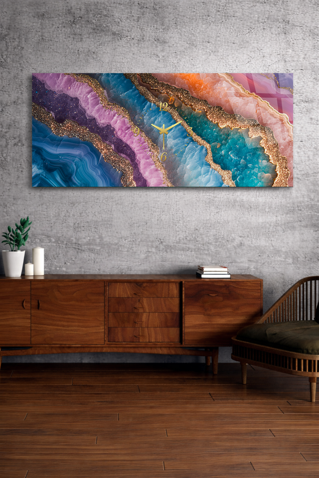 KIRILMAZ CAM DUVAR SAATİ , HEM TABLO HEM SAAT RENKLİ MERMER ALTIN DAMAR EV OFİS HEDİYESİ