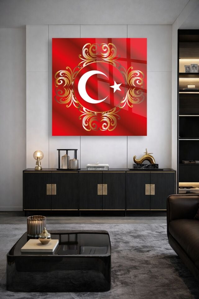 KIRILMAZ CAM TABLO, TÜRK BAYRAĞI AY YILDIZ GOLD OSMANLI MOTİFLİ KARE DEKORATİF TASARIM EV OFİS HEDİYESİ