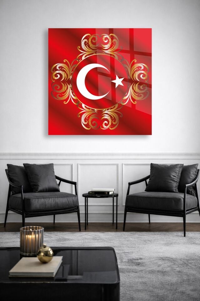 KIRILMAZ CAM TABLO, TÜRK BAYRAĞI AY YILDIZ GOLD OSMANLI MOTİFLİ KARE DEKORATİF TASARIM EV OFİS HEDİYESİ
