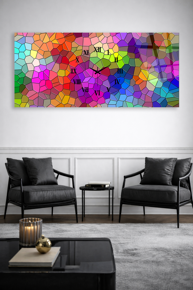 KIRILMAZ CAM DUVAR SAATİ , HEM TABLO HEM SAAT RENKLİ MOZAİK SANATSAL TASARIM EV OFİS HEDİYESİ