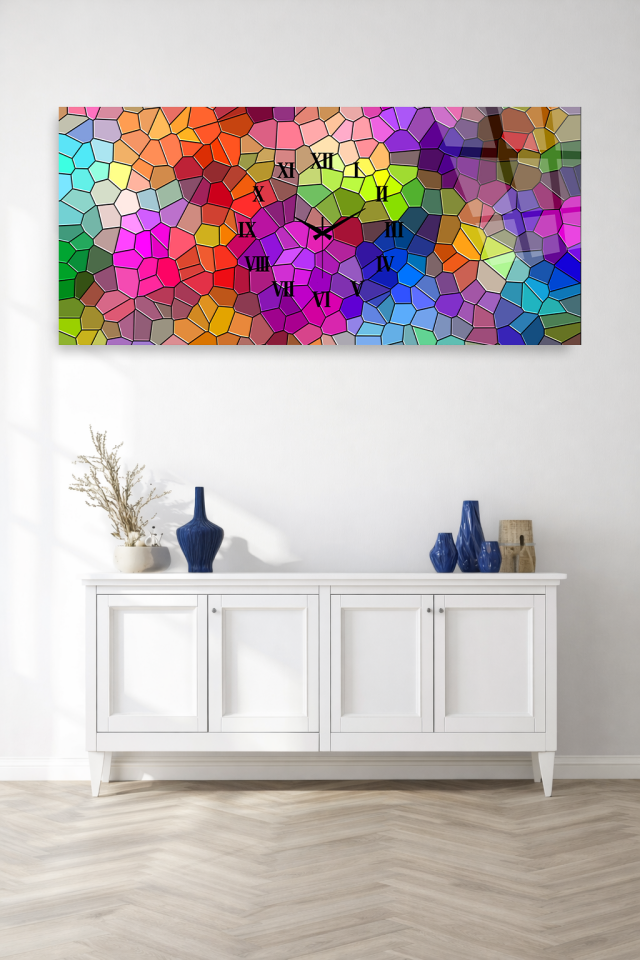 KIRILMAZ CAM DUVAR SAATİ , HEM TABLO HEM SAAT RENKLİ MOZAİK SANATSAL TASARIM EV OFİS HEDİYESİ