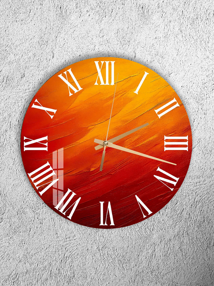 KIRILMAZ CAM DUVAR SAATİ, HEM TABLO HEM SAAT TURUNCU KIRMIZI SOYUT FIRÇA DARBESİ SANATSAL EV OFİS HEDİYESİ