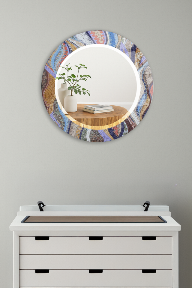 HEM TABLO HEM AYNA DALGALI MOZAIK SANATSAL DESEN CAM DUVAR AYNASI EV DEKORU