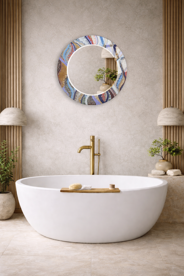 HEM TABLO HEM AYNA DALGALI MOZAIK SANATSAL DESEN CAM DUVAR AYNASI EV DEKORU