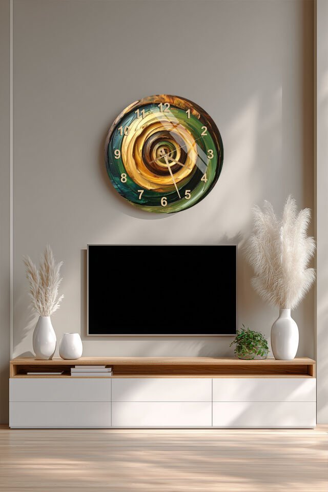 KIRILMAZ CAM DUVAR SAATİ, HEM TABLO HEM SAAT YEŞİL ALTIN SPİRAL ROMA RAKAMLI LÜKS EV OFİS HEDİYESİ