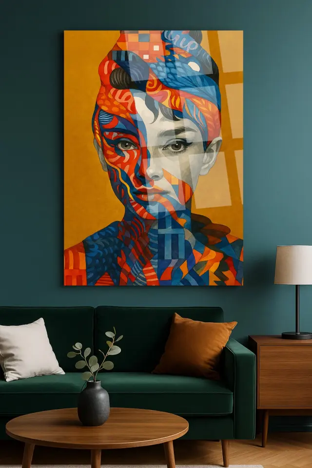 YATAY RENGARENK KADIN TABLOSU KIRILMAZ LÜKS CAM TABLO EV HEDİYESİ ULTRA CANLI RENKLER Turuncu