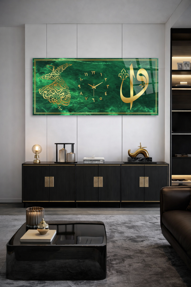 KIRILMAZ CAM DUVAR SAATİ , HEM TABLO HEM SAAT YEŞİL HAT SANATI ALTIN DETAY EV OFİS HEDİYESİ