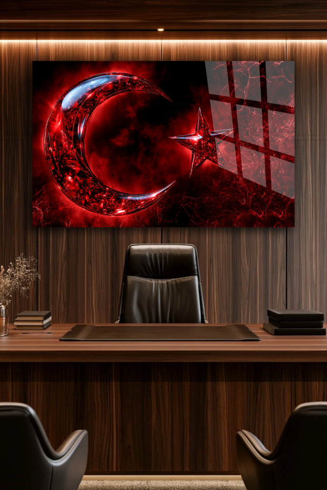 ATEŞ EFEKTLİ KIRMIZI AY YILDIZ FİGÜRLÜ DEKORATİF CAM TABLO OFİS HEDİYESİ