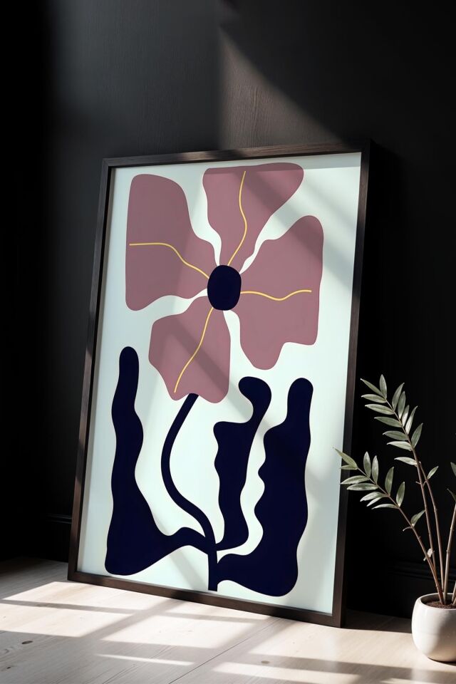 SİYAH - Botanik Serisi Gül Kurusu Çiçekli Matisse Doğal Ahşap Çerçeveli Duvar Tablosu