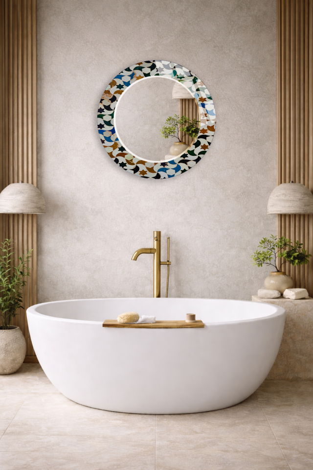 HEM TABLO HEM AYNA MODERN MOZAIK DESENLİ CAM DUVAR AYNASI BANYO VE EV DEKORU