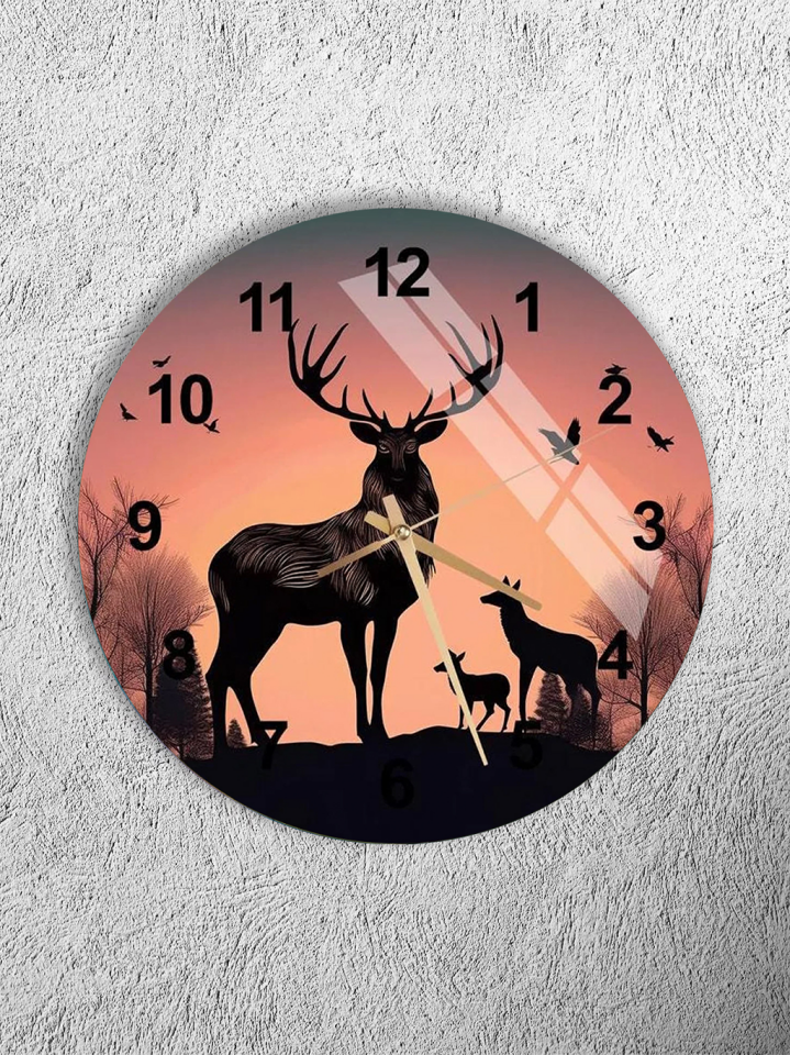 KIRILMAZ CAM DUVAR SAATİ, GEYİK VE DOĞA TEMALI GÜN BATIMI TASARIM, HEM TABLO HEM SAAT, EV OFİS HEDİYESİ