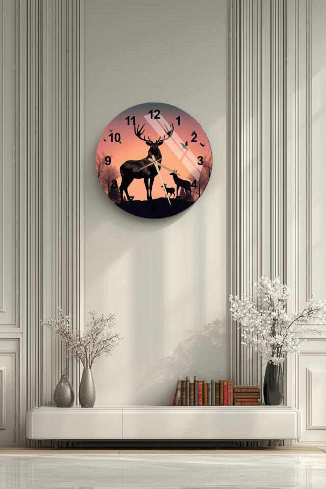 KIRILMAZ CAM DUVAR SAATİ, GEYİK VE DOĞA TEMALI GÜN BATIMI TASARIM, HEM TABLO HEM SAAT, EV OFİS HEDİYESİ