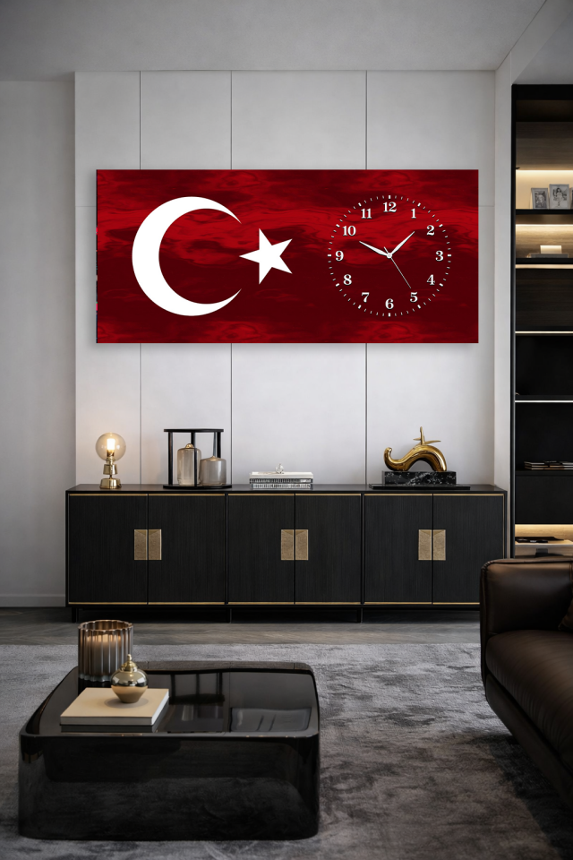 KIRILMAZ CAM DUVAR SAATİ , HEM TABLO HEM SAAT TÜRK BAYRAĞI AY YILDIZ TASARIM EV OFİS HEDİYESİ