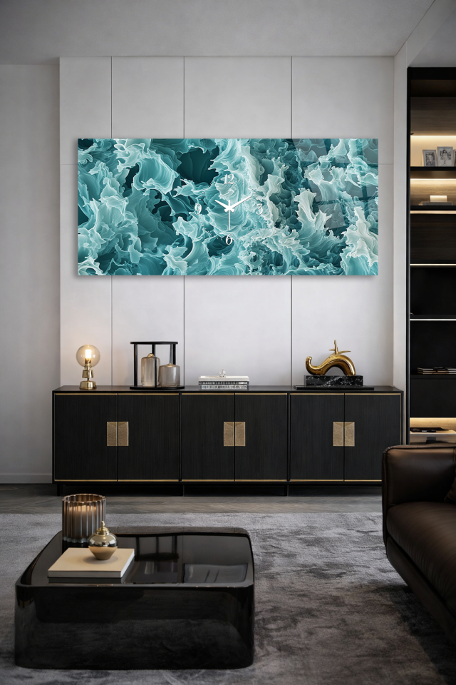 KIRILMAZ CAM DUVAR SAATİ , HEM TABLO HEM SAAT TURKUAZ DALGA SOYUT DESEN EV OFİS HEDİYESİ