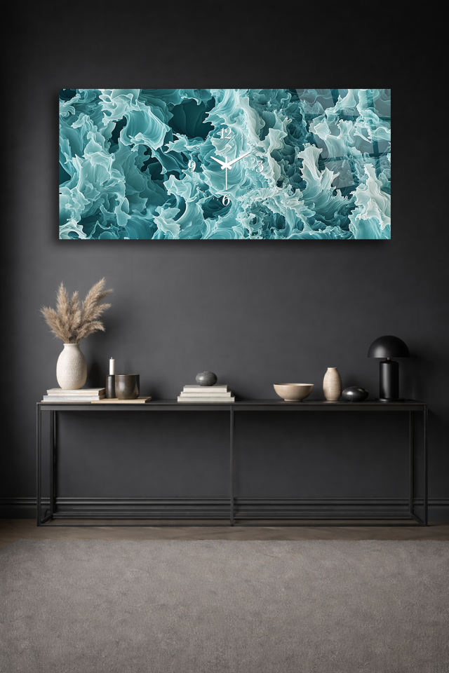 KIRILMAZ CAM DUVAR SAATİ , HEM TABLO HEM SAAT TURKUAZ DALGA SOYUT DESEN EV OFİS HEDİYESİ