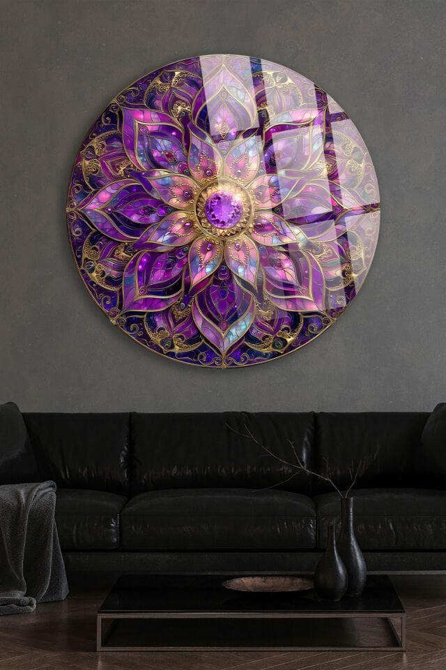 MOR AMETİST TAŞLI VİTRAY MANDALA DESEN DAİRE KIRILMAZ LÜKS CAM TABLO Mor