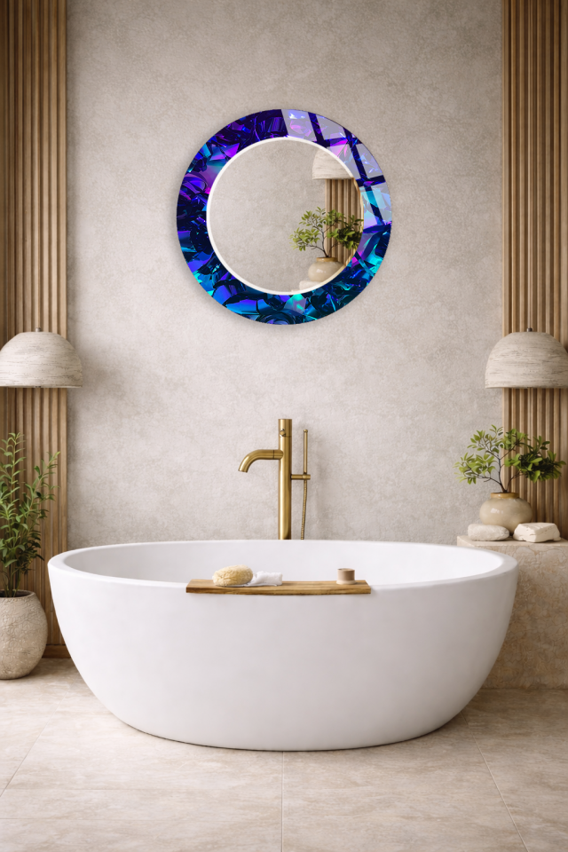 HEM TABLO HEM AYNA PARLAK KRİSTAL GEOMETRİK TASARIMLI CAM DUVAR AYNASI BANYO VE EV DEKORU