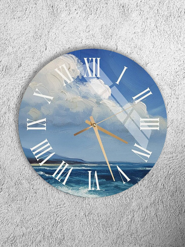 KIRILMAZ CAM DUVAR SAATİ, DENİZ VE BULUT MANZARALI YAĞLI BOYA TASARIM, HEM TABLO HEM SAAT, EV OFİS HEDİYESİ