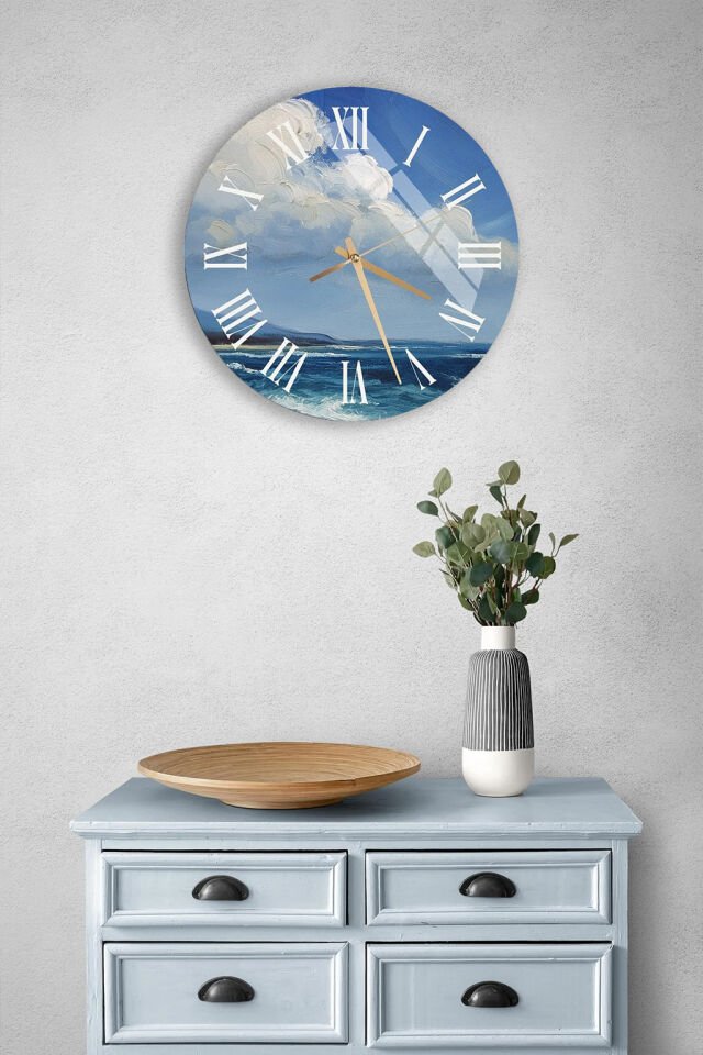 KIRILMAZ CAM DUVAR SAATİ, DENİZ VE BULUT MANZARALI YAĞLI BOYA TASARIM, HEM TABLO HEM SAAT, EV OFİS HEDİYESİ