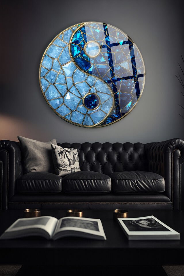 MAVİ KRİSTAL YİN YANG MOZAİK VİTRAY DESEN DAİRE KIRILMAZ LÜKS CAM TABLO Turkuaz