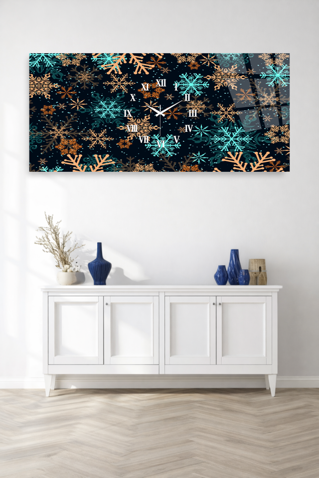KIRILMAZ CAM DUVAR SAATİ , HEM TABLO HEM SAAT KIŞ KAR TANESİ DESENLİ MODERN TASARIM EV OFİS HEDİYESİ