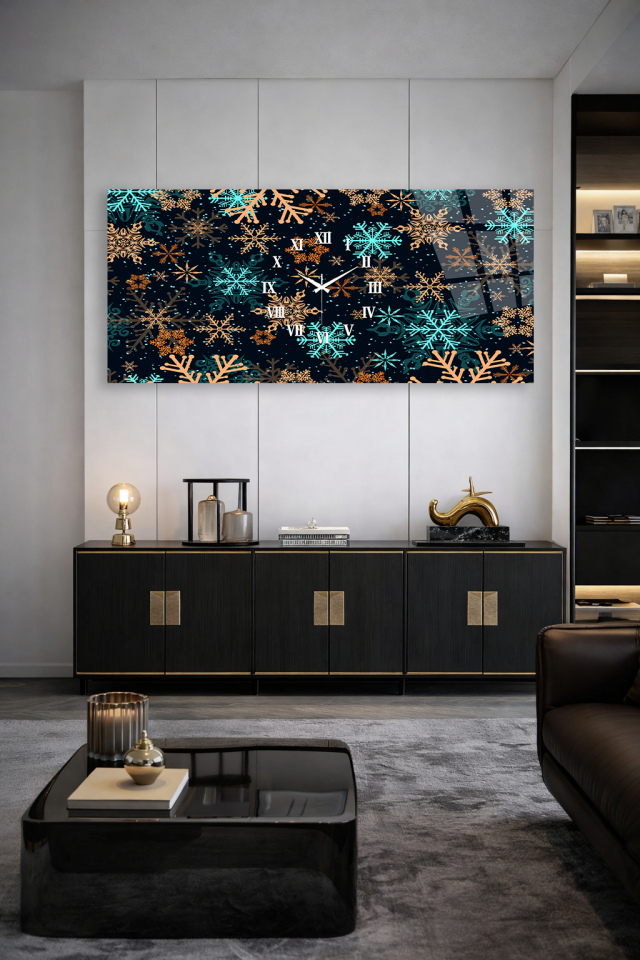 KIRILMAZ CAM DUVAR SAATİ , HEM TABLO HEM SAAT KIŞ KAR TANESİ DESENLİ MODERN TASARIM EV OFİS HEDİYESİ