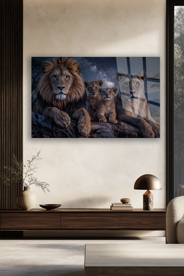 ASLAN AİLESİ YILDIZLI GECE MANZARALI DEKORATİF CAM TABLO EV OFİS HEDİYESİ