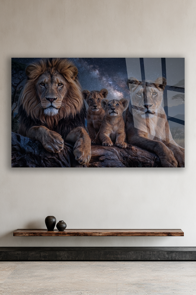 ASLAN AİLESİ YILDIZLI GECE MANZARALI DEKORATİF CAM TABLO EV OFİS HEDİYESİ