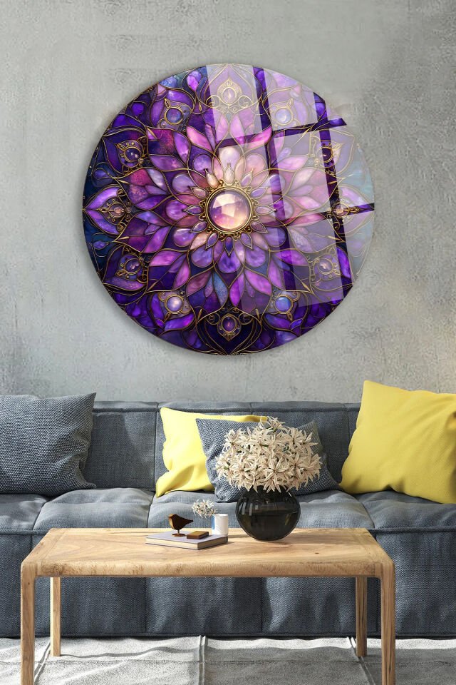 AMETİST MOR MANDALA VİTRAY DESEN DAİRE PARILTILI KIRILMAZ LÜKS CAM TABLO Mor