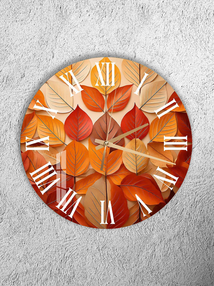 KIRILMAZ CAM DUVAR SAATİ, HEM TABLO HEM SAAT SONBAHAR YAPRAKLARI DOĞAL DOKU EV OFİS HEDİYESİ