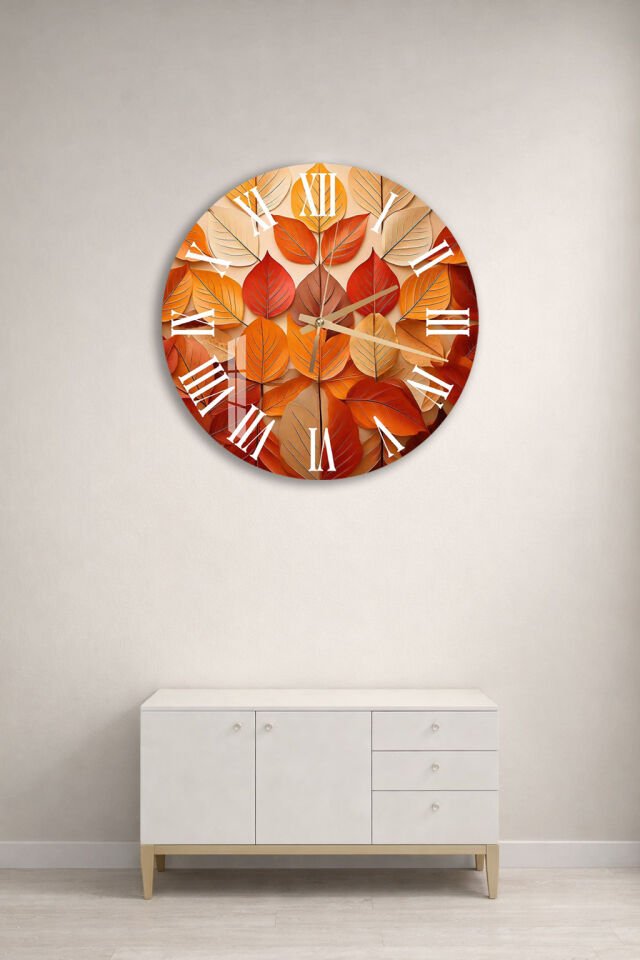 KIRILMAZ CAM DUVAR SAATİ, HEM TABLO HEM SAAT SONBAHAR YAPRAKLARI DOĞAL DOKU EV OFİS HEDİYESİ
