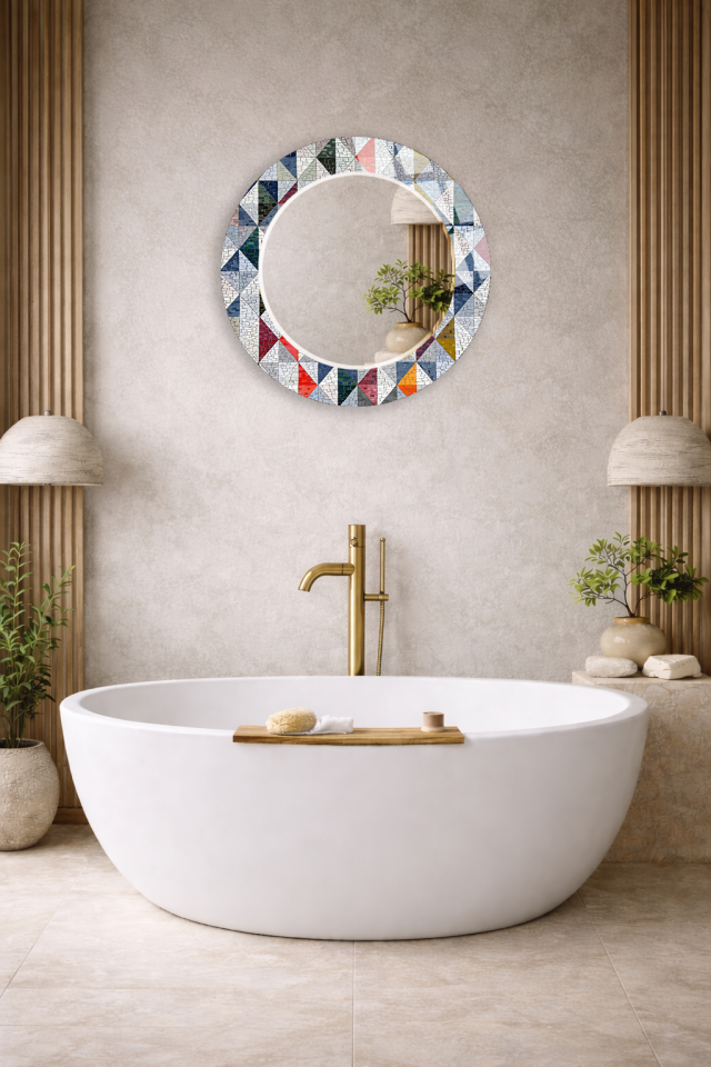 HEM TABLO HEM AYNA RENKLİ ÜÇGEN MOZAIK TASARIMLI CAM DUVAR AYNASI BANYO VE EV DEKORU