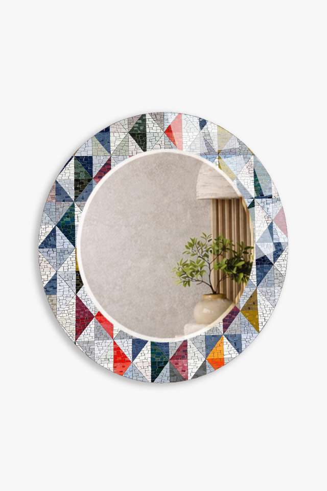 HEM TABLO HEM AYNA RENKLİ ÜÇGEN MOZAIK TASARIMLI CAM DUVAR AYNASI BANYO VE EV DEKORU