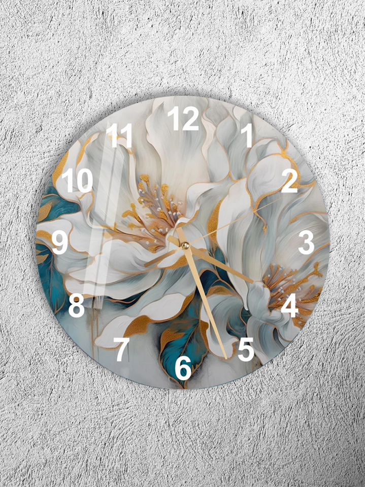 KIRILMAZ CAM DUVAR SAATİ, BEYAZ ÇİÇEK VE ALTIN DETAYLI MODERN TASARIM, HEM TABLO HEM SAAT, EV OFİS HEDİYESİ