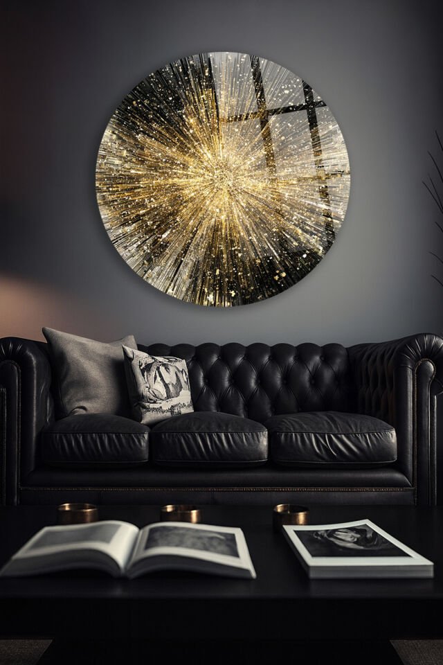 GOLD ABSTRACT PARILTILI MERKEZ IŞIN DESEN DAİRE KIRILMAZ LÜKS CAM TABLO Altın