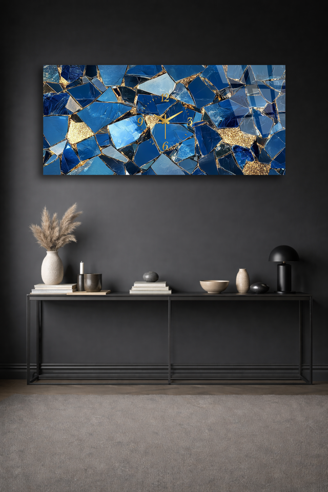 KIRILMAZ CAM DUVAR SAATİ , HEM TABLO HEM SAAT MAVİ ALTIN MOZAİK MODERN TASARIM EV OFİS HEDİYESİ