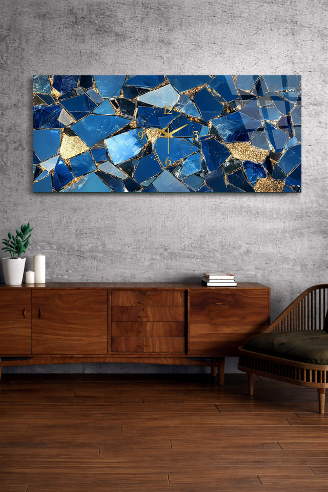 KIRILMAZ CAM DUVAR SAATİ , HEM TABLO HEM SAAT MAVİ ALTIN MOZAİK MODERN TASARIM EV OFİS HEDİYESİ