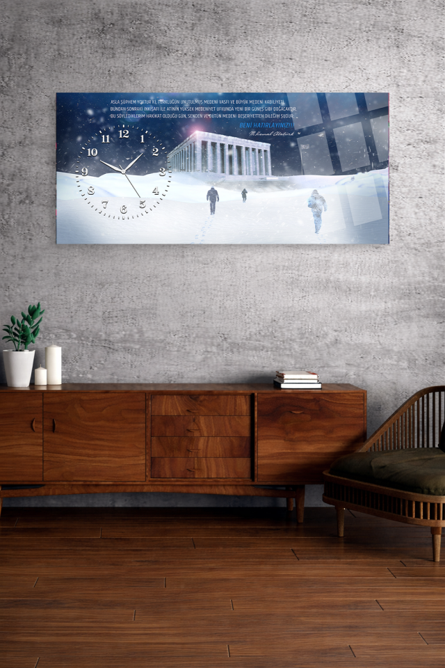 KIRILMAZ CAM DUVAR SAATİ , HEM TABLO HEM SAAT ANITKABİR KIŞ TEMALI ATATÜRK TASARIM EV OFİS HEDİYESİ