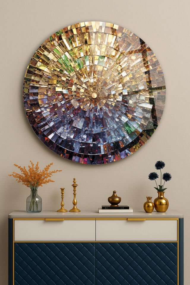 ALTIN MOZAİK DAİRE SOYUT PARÇACIK DESEN MODERN TASARIM KIRILMAZ LÜKS CAM TABLO Çok Renkli