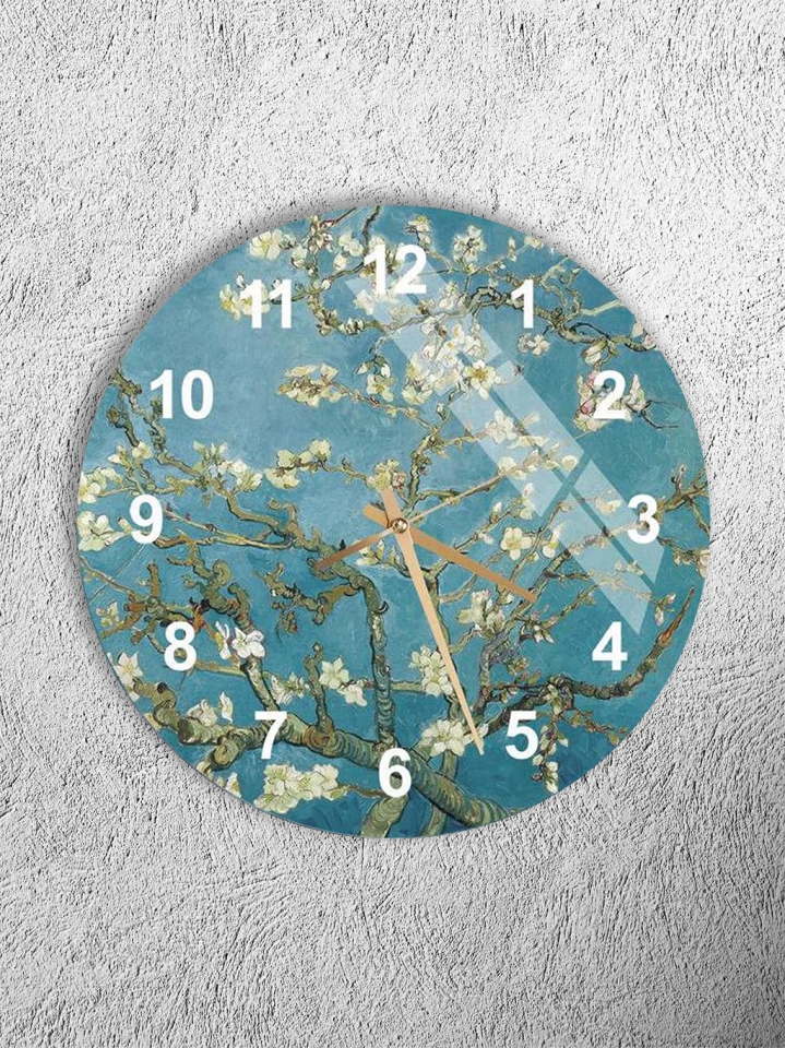 KIRILMAZ CAM DUVAR SAATİ, VAN GOGH BADEM ÇİÇEĞİ SANAT TASARIMI, HEM TABLO HEM SAAT, EV OFİS HEDİYESİ