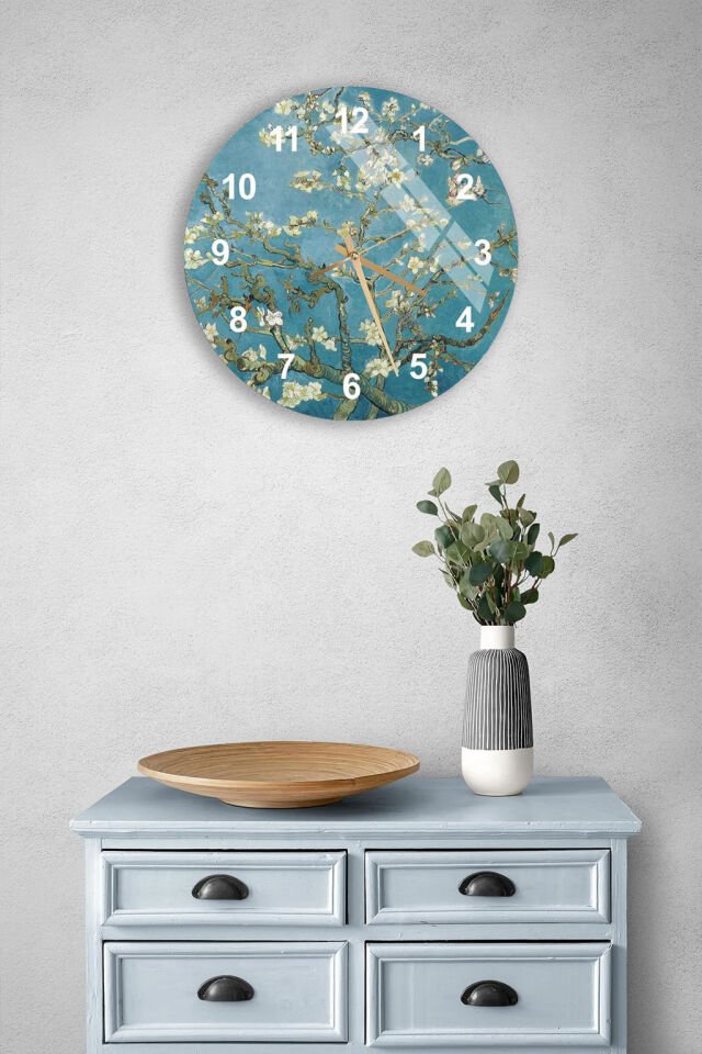 KIRILMAZ CAM DUVAR SAATİ, VAN GOGH BADEM ÇİÇEĞİ SANAT TASARIMI, HEM TABLO HEM SAAT, EV OFİS HEDİYESİ