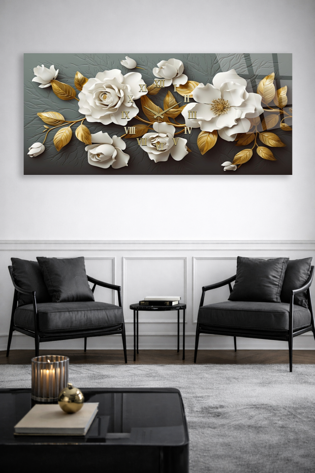 KIRILMAZ CAM DUVAR SAATİ , HEM TABLO HEM SAAT BEYAZ GÜL ALTIN YAPRAK LÜKS TASARIM EV OFİS HEDİYESİ