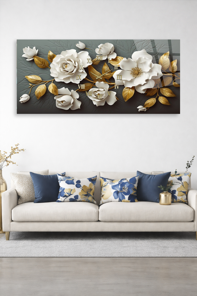 KIRILMAZ CAM DUVAR SAATİ , HEM TABLO HEM SAAT BEYAZ GÜL ALTIN YAPRAK LÜKS TASARIM EV OFİS HEDİYESİ