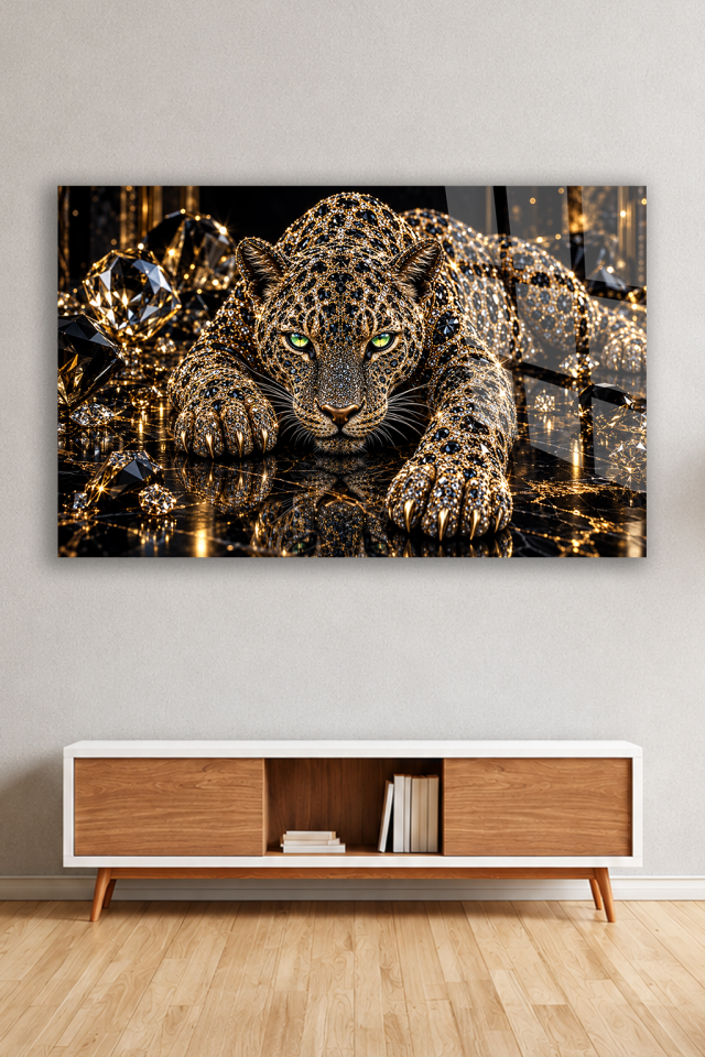 ALTIN MÜCEVHERLİ LEOPAR ELMAS DETAYLI LÜKS CAM TABLO EV OFİS HEDİYESİ