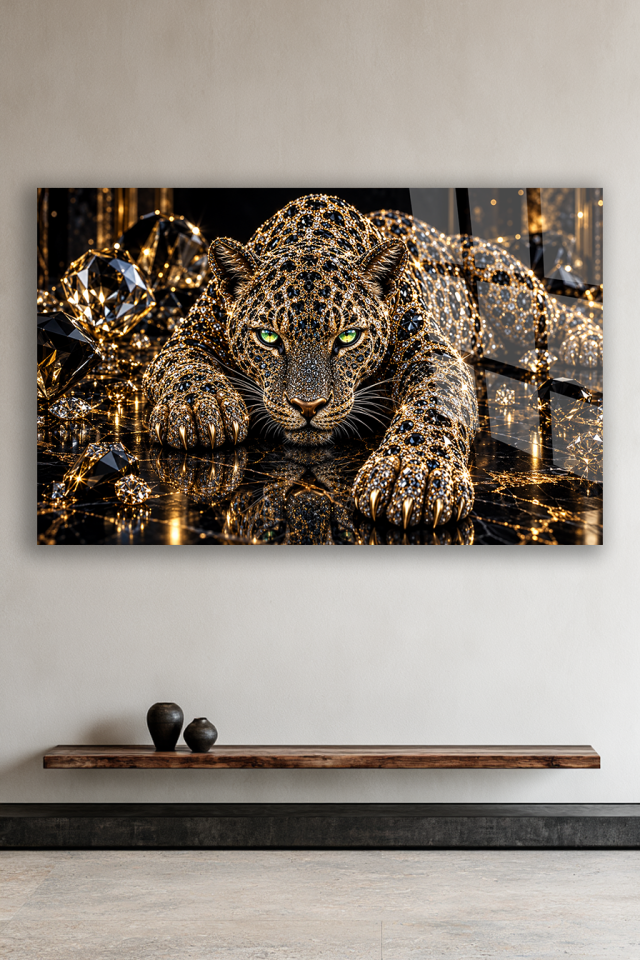 ALTIN MÜCEVHERLİ LEOPAR ELMAS DETAYLI LÜKS CAM TABLO EV OFİS HEDİYESİ