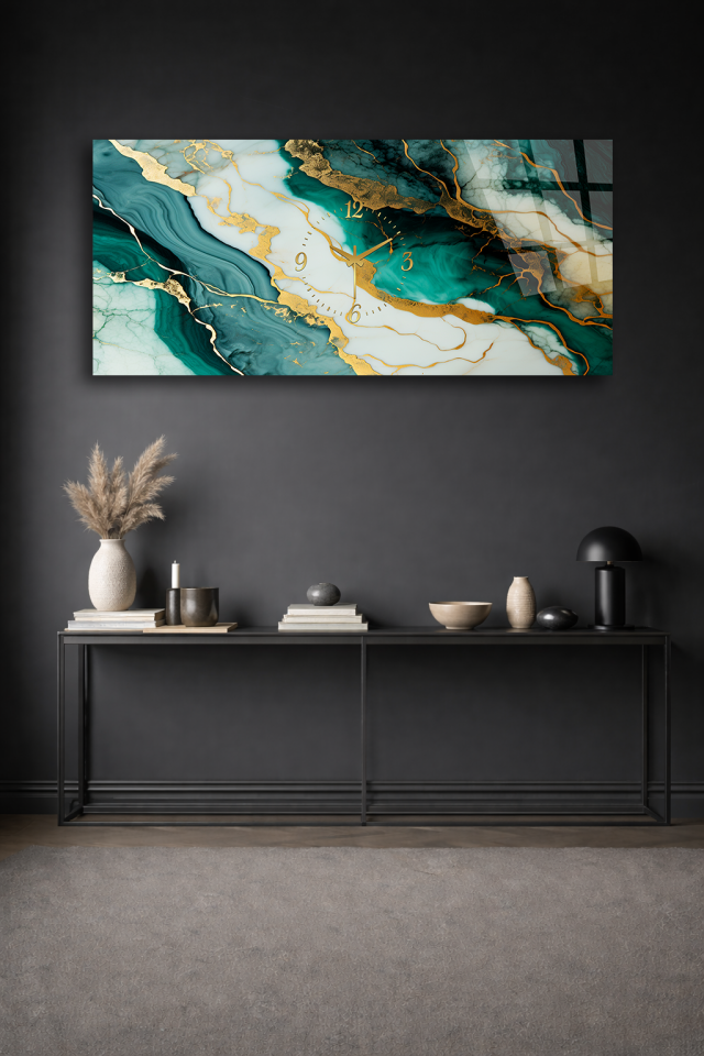 KIRILMAZ CAM DUVAR SAATİ , HEM TABLO HEM SAAT YEŞİL MERMER ALTIN ÇİZGİ EV OFİS HEDİYESİ