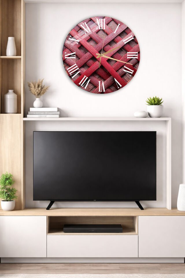 KIRILMAZ CAM DUVAR SAATİ, HEM TABLO HEM SAAT KIRMIZI HASIR DOKU GEOMETRİK MODERN EV OFİS HEDİYESİ