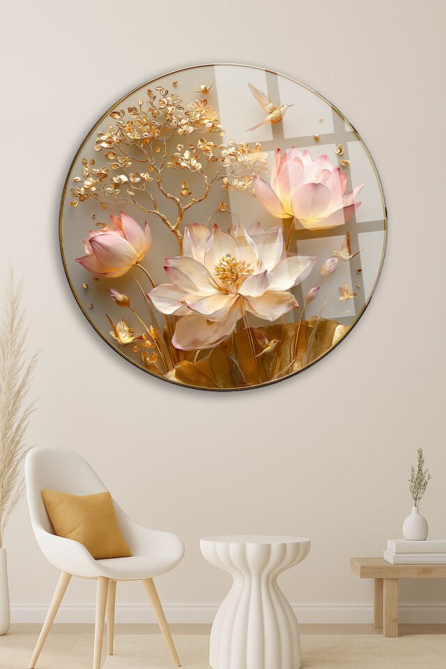 ALTIN LOTUS ÇİÇEĞİ VE KUŞ TEMALI DAİRE SANAT DEKORU KIRILMAZ LÜKS CAM TABLO Altın