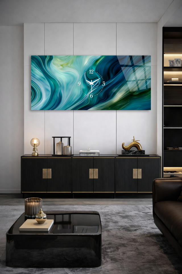 KIRILMAZ CAM DUVAR SAATİ , HEM TABLO HEM SAAT YEŞİL MERMER AKIŞ DESEN ŞIK DEKOR EV OFİS HEDİYESİ